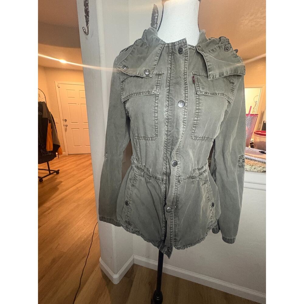 Levi's Military Green Utility Jacket Women Full Zip Snap Hidden Hood XS 0-2